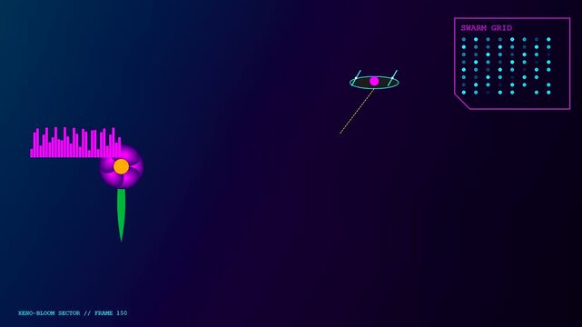 Innovative drone pollination process showing a small hovering mechanical device above a blooming purple flower with data grid overlays on a dark blue digital interface background