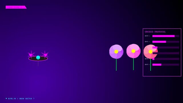 Neon purple floral display featuring drone pollination sequences with glowing biological data loading bars projected on a dark digital interface screen in a virtual environment