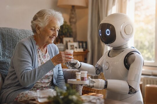 Care Robot Bringing Medicine and Water to an Elderly Woman at Home