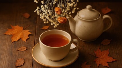 Fototapeta premium Cozy autumn tea setting desktop wallpaper