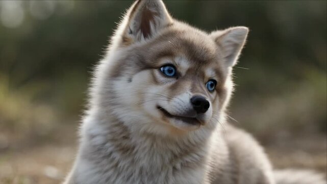 Cute Husky Puppy with Bright Blue Eyes Looking