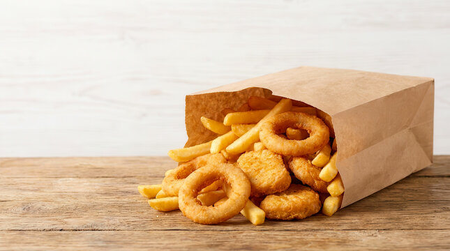 Fast food combo with french fries, onion rings, and chicken nuggets in a paper bag