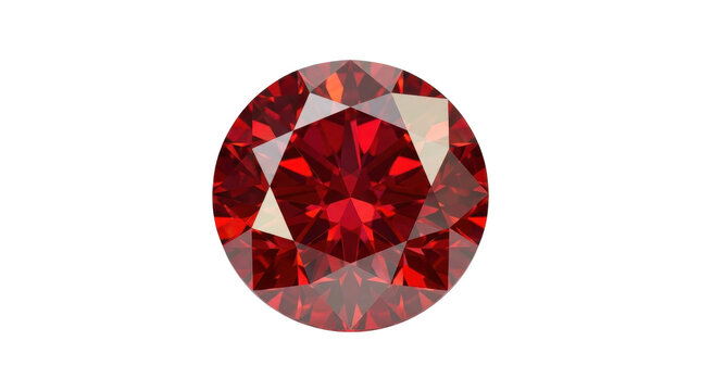 A brilliant round-cut red ruby gemstone sparkling with luxury facets isolated against a clean white background in professional studio lighting.