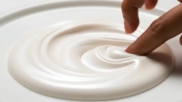 Finger touches a smooth swirl of white cream on a clean surface to demonstrate texture and quality.