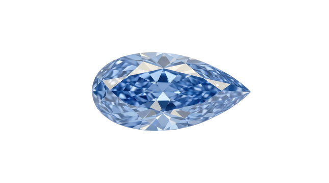 A sparkling pear-shaped blue diamond captured in a high-detail macro shot against a clean white background for a luxury jewelry concept.