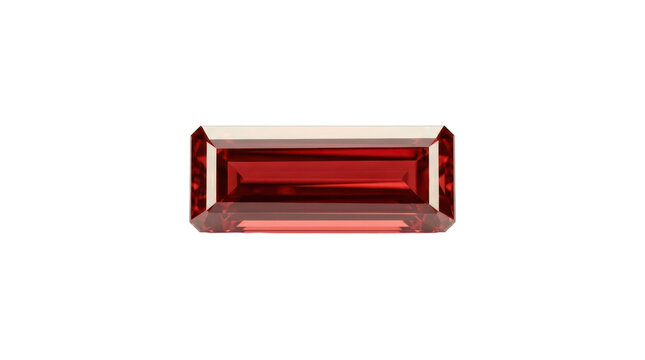 A vibrant baguette-cut red garnet gemstone isolated on a clean white background, captured with sharp macro photography for a luxurious mood.