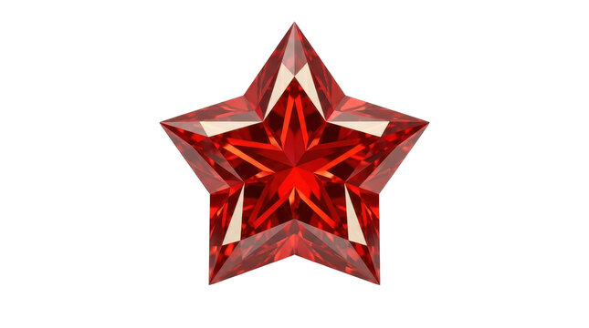 A faceted red gemstone star sparkles with brilliant light in a minimalist studio shot, creating a luxurious and vibrant aesthetic.