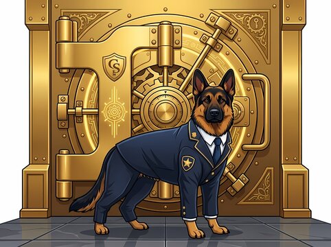 German Shepherd security guard in a suit standing in front of a golden vault door.