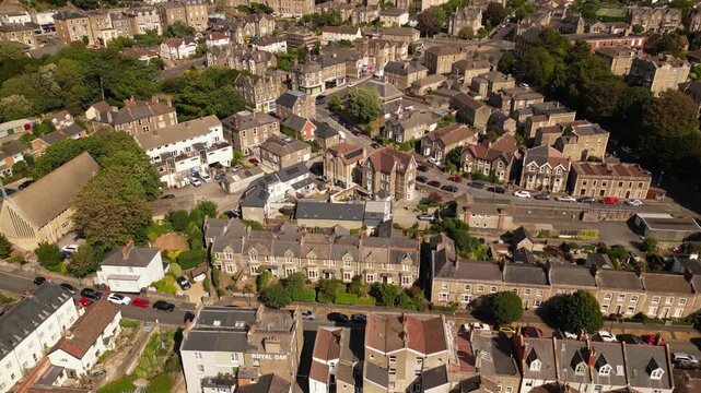 Aerial cityscape of Clevedon town in Somerset, England