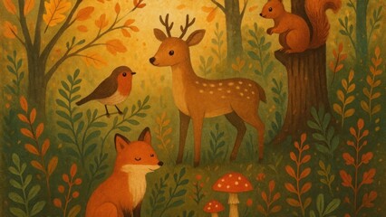 Fototapeta premium Whimsical forest animals desktop wallpaper