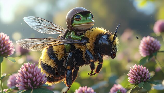 Frog Wearing a Helmet Riding a Bumblebee in a Flower Field