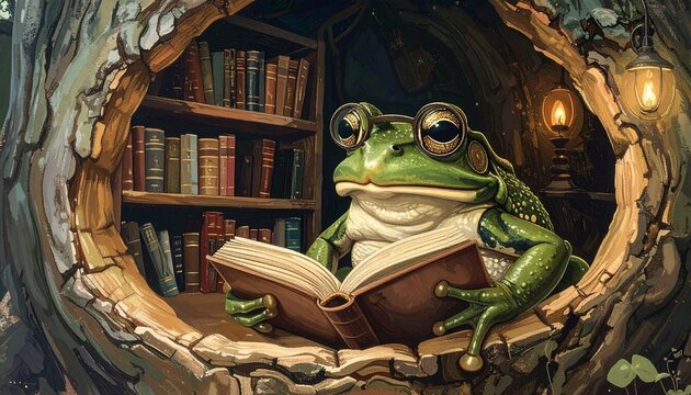 Whimsical Frog Illustration of a Bookworm Reading in a Tree Hollow Library