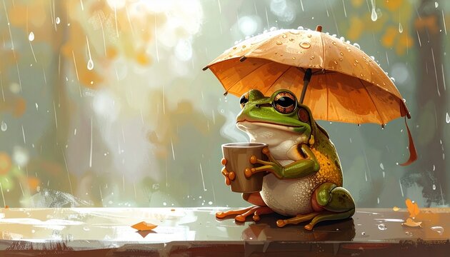 Detailed digital illustration of a cartoon frog on a green leaf background