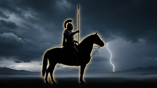 Knight in armor sits on a horse holding a spear against a dark stormy sky with lightning.