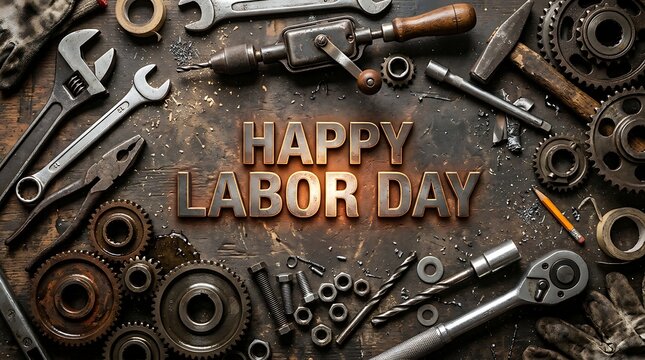 Labor Day celebration is represented by a collection of vintage metal tools and mechanical gears arranged artistically on a dark weathered workbench surface.