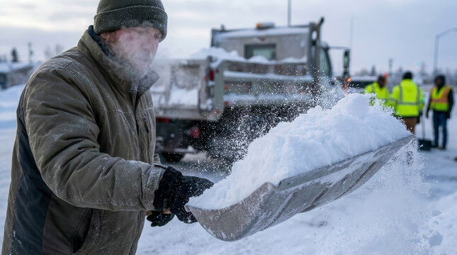 Man shoveling snow with a metal shovel outdoors during a winter day with workers nearby