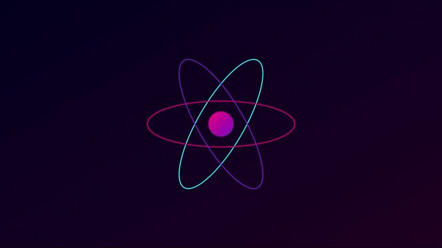 Neon atom model animation: glowing science particle orbiting 4k background, physics chemistry nucleus