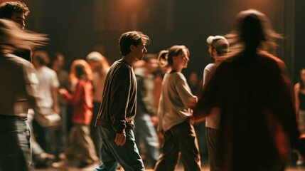 Obraz premium Group of actors walking during a theater rehearsal on stage with motion blur.