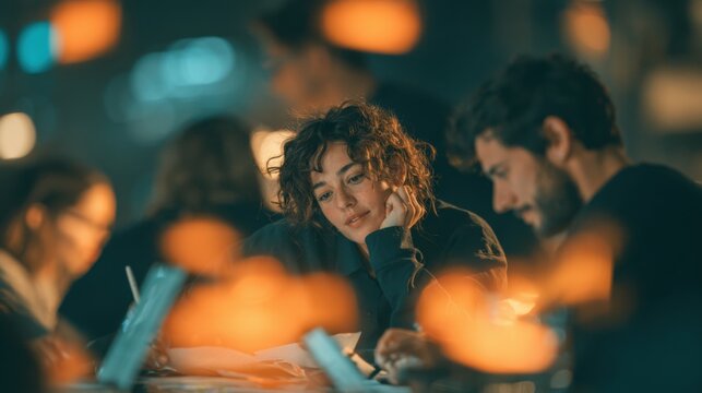 Group of young people working together at a table during night time with warm bokeh lights.