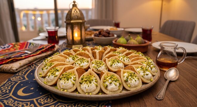 Platter of cream-filled qatayef topped with pistachios on Ramadan dining table with glowing lantern.