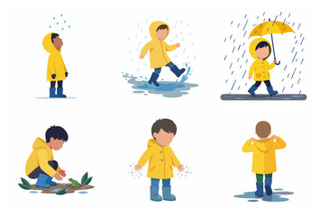 Fototapeta premium Set of flat vector illustrations of children in yellow raincoats and blue boots playing outdoors in the rain