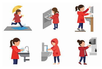 Fototapeta premium Vector flat illustration set of a young girl in a red raincoat practicing personal hygiene routines like washing hands with soap, drying hands, and using a sanitizer dispenser.