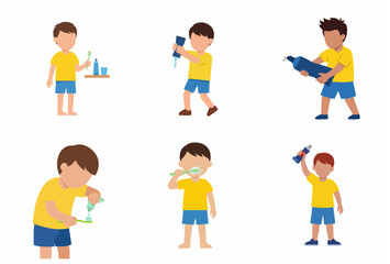 Fototapeta premium Set of flat vector illustrations of a little boy brushing his teeth and using toothpaste for daily dental hygiene routine