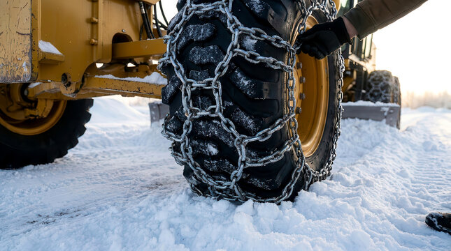Worker adjusting heavy duty tire chains on a construction vehicle wheel in snowy conditions