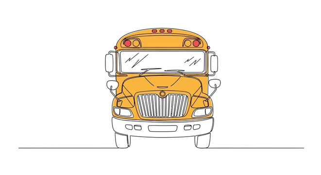 Continuous one line drawing of a yellow school bus front view vector illustration isolated on a simple white background
