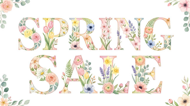 Beautiful spring sale typography design featuring elegant watercolor flowers and green leaves isolated on a clean white background for seasonal marketing