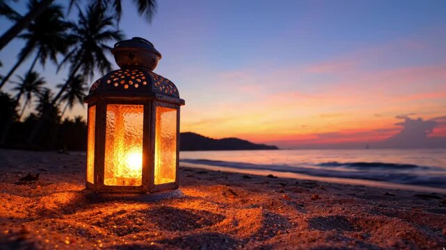 A glowing decorative lantern sitting on a sandy beach at sunset with palm trees in the background