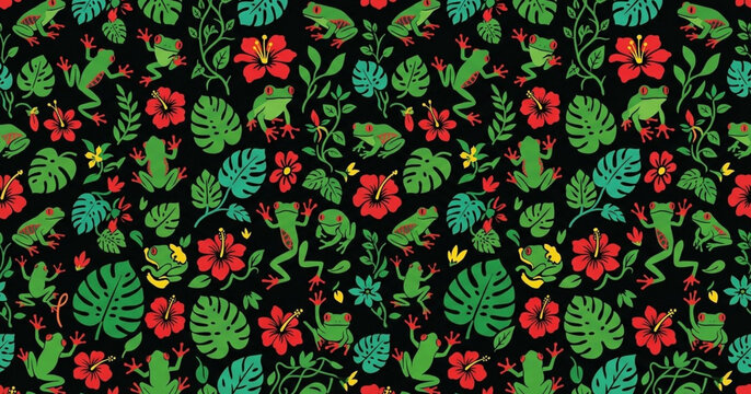Tropical red eyed tree frog and hibiscus flower pattern