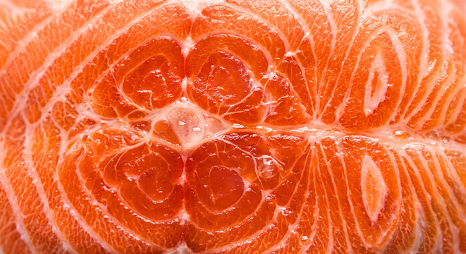 Macro close-up view of fresh raw salmon fish fillet texture showing detailed fat lines and vibrant orange color