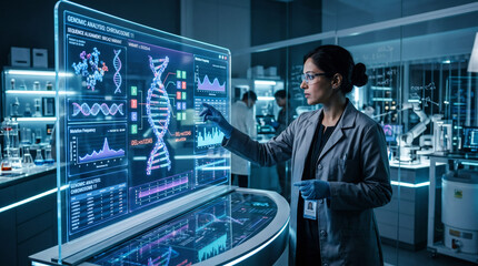 Fototapeta premium Scientist Using Hands to Control Futuristic Holographic Interface for DNA Genetic Research in Laboratory