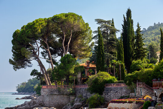 Stone terrace in Lovran, Croatia with Mediterranean trees and coastal landscape