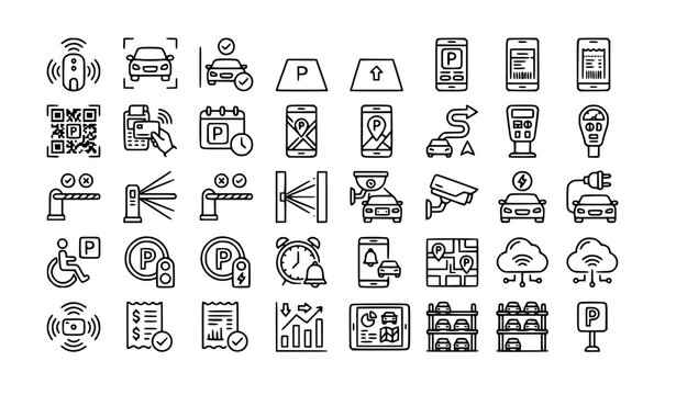 Smart parking technology outline icon collection editable stroke vector illustration
