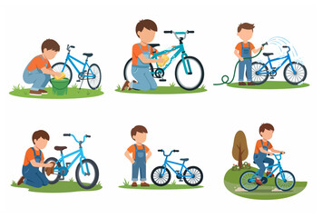 Fototapeta premium Vector illustration set of a young boy cleaning and riding his blue bicycle outdoors in the garden