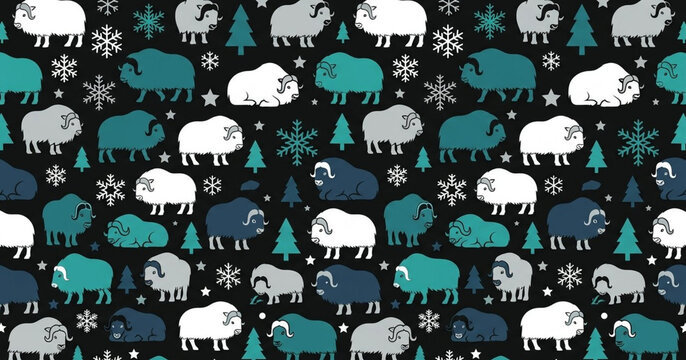 Arctic musk oxen and winter snowflakes seamless pattern