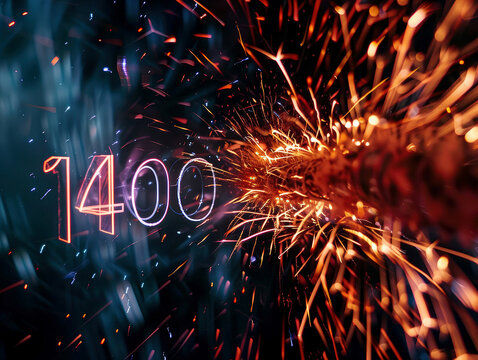 Close-up shot of fireworks displaying 1400, dark background, light and shadow atmosphere, high-tech aesthetic, fiery sparks Central focus on 140 in white text, celebratory or triumphan - AI-Generated
