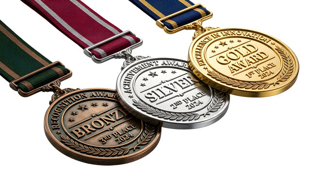 Gold, silver and bronze award medals with ribbons. Achievement trophies for first, second and third place winners. Metallic competition prizes.
