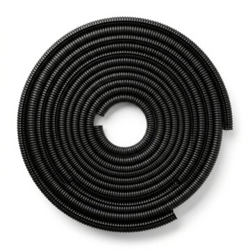 Coiled black flexible corrugated plastic conduit pipe for electrical cable