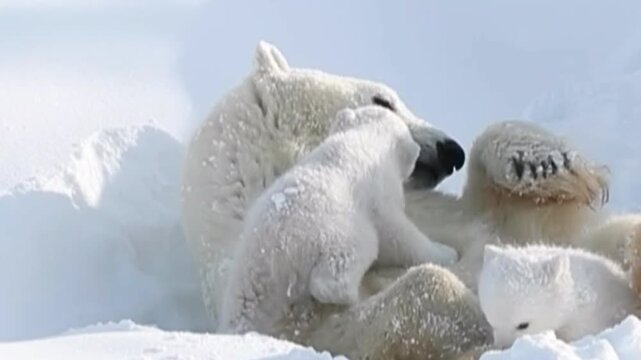Polar bear mother playing with her cubs in the arctic snow