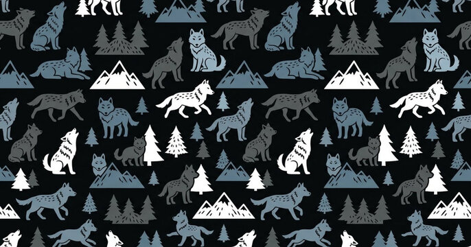 Wolf and mountain seamless pattern on black background