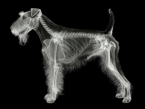 Digitally altered Airedale Terrier X-ray with visible skeletal structure, standing against a black background Slight tilt of head forward suggests attention Realistic fur textures com - AI-Generated