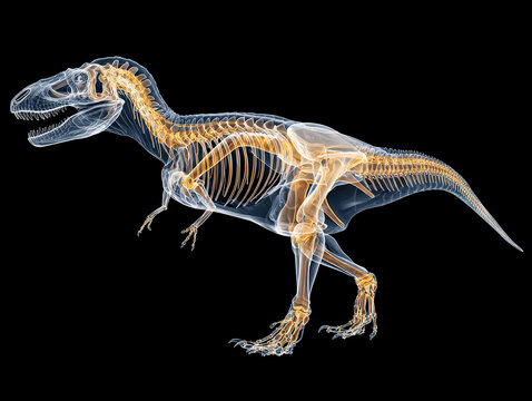 X-ray image of Tyrannosaurus rex skeleton in profile view, against black background High contrast reveals long snout, powerful jaw muscles, vertebral column, intricate hind leg structu - AI-Generated