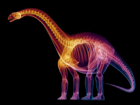 Detailed X-ray of Brachiosaurus and Tyrannosaurus Rex skeletons, side view, vividly colored bones pink, purple, orange, blue, dramatic lighting, digital art or illustration, scientifi - AI-Generated