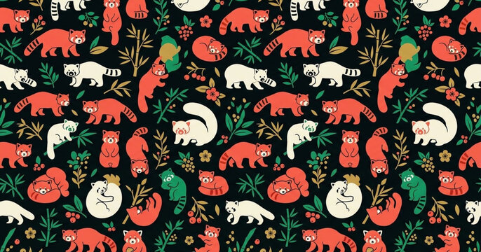 Red panda and bamboo seamless pattern with berries and leaves