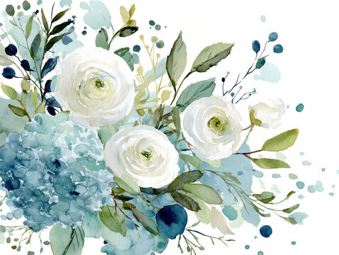 A series of 12 watercolor floral pieces with soft washes, natural bleeding effects, and a blend of light blue and green accents Features white rose buds, hydrangeas, and babys breath - AI-Generated