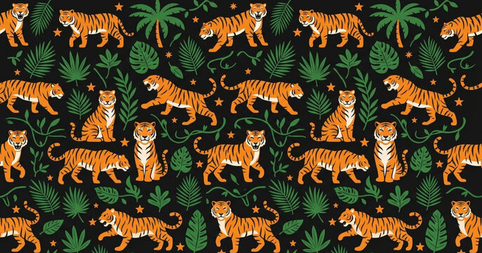 Majestic tiger and tropical jungle leaf seamless pattern