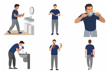 Fototapeta premium Morning Routine Vector Set: Man Brushing Teeth, Washing Face, and Dental Hygiene Care in Modern Flat Illustration Style